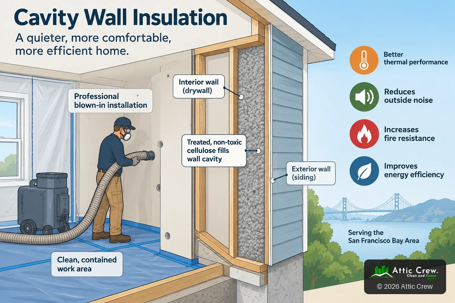 Cutaway infographic of a technician blowing treated cellulose into a wall cavity through small holes, showing the drywall, the filled cavity and the exterior siding, with benefits for thermal performance, noise, fire resistance and efficiency.