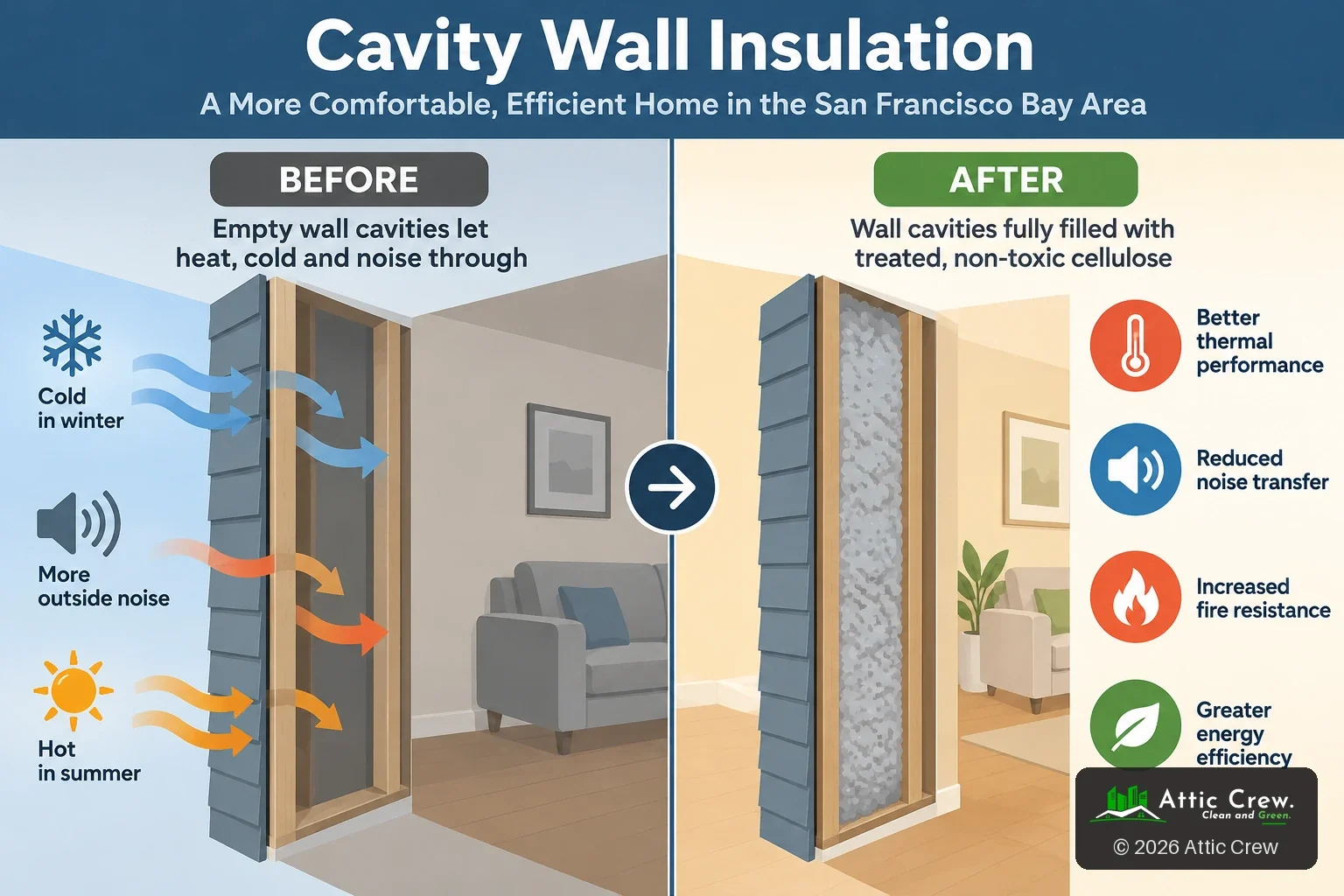 Before and after infographic of a wall section: empty cavities let winter cold, summer heat and outside noise through; cavities filled with treated cellulose improve thermal performance, reduce noise transfer and increase fire resistance.