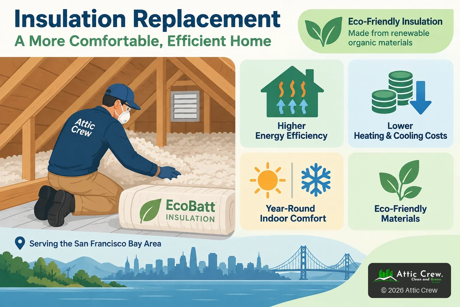 Infographic of a technician installing EcoBatt insulation in an attic, with four benefits: higher energy efficiency, lower heating and cooling costs, year-round comfort and eco-friendly materials.