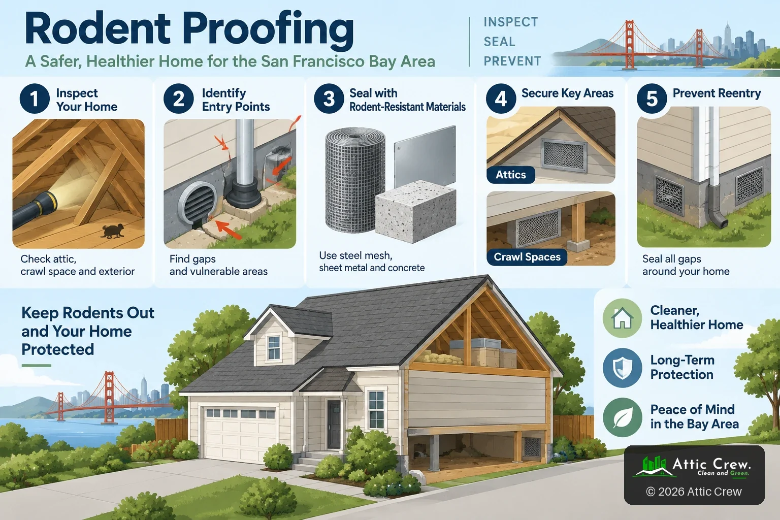 Infographic of Attic Crew's five-step rodent proofing process: inspect the home, identify entry points, seal with steel mesh, sheet metal and concrete, secure attic and crawl space vents, prevent reentry.