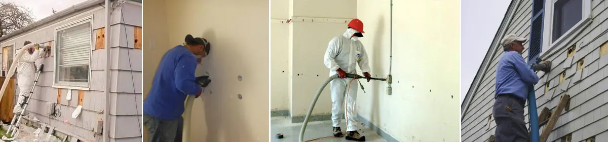 Attic Crew technicians installing blown-in wall insulation on several homes