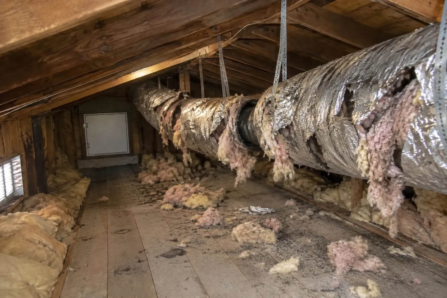 Before: Torn, sagging flex duct leaking insulation across the attic.