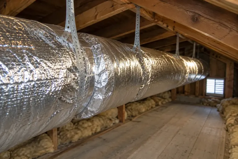 Attic flex duct replacement, finished detail: The new run sealed and supported along its length.