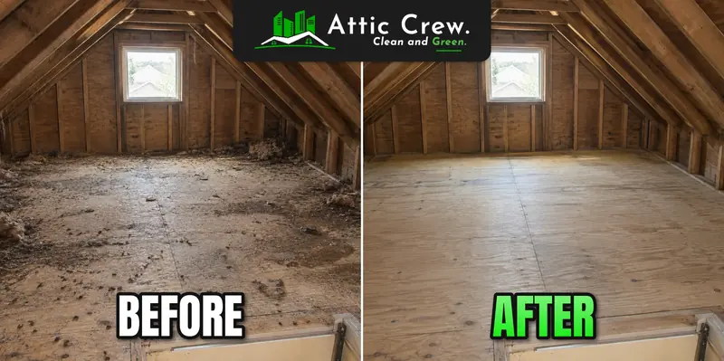 Rodent-damaged attic cleaned out: before and after