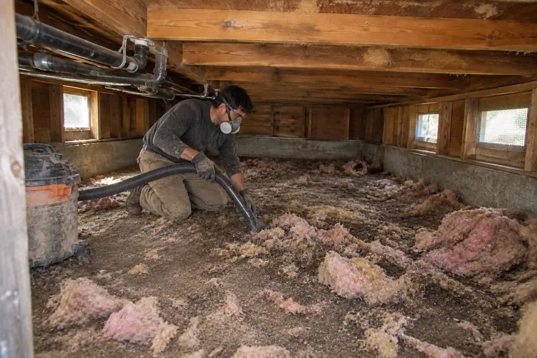 Crawl space cleanout, in progress: Vacuuming out contaminated insulation and debris.