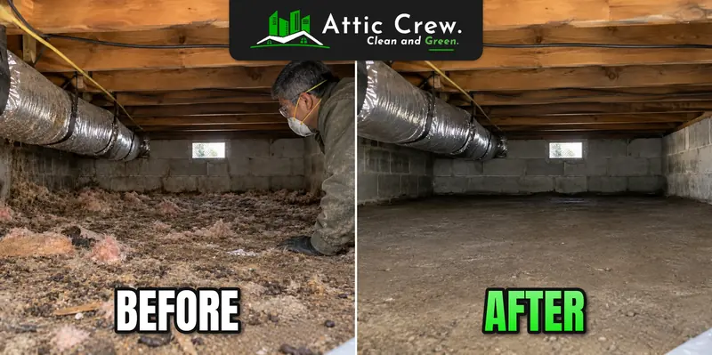 Rodent debris removed from a crawl space: before and after
