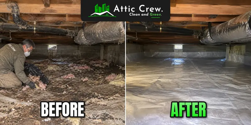 Crawl space cleaned and sealed with a vapor barrier: before and after