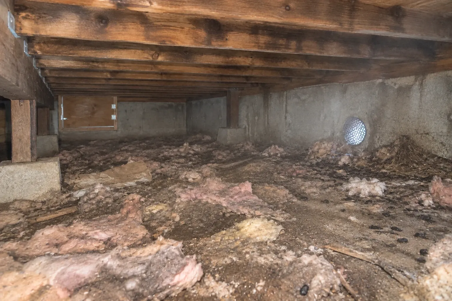 Before: Fallen insulation and debris under the floor.