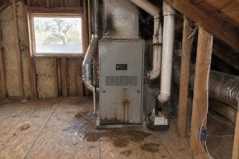 Attic furnace repair, before: Rusted, soot-stained furnace with water damage on the floor.