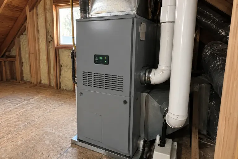 Attic furnace repair, finished detail: The serviced furnace cabinet and vent connections.