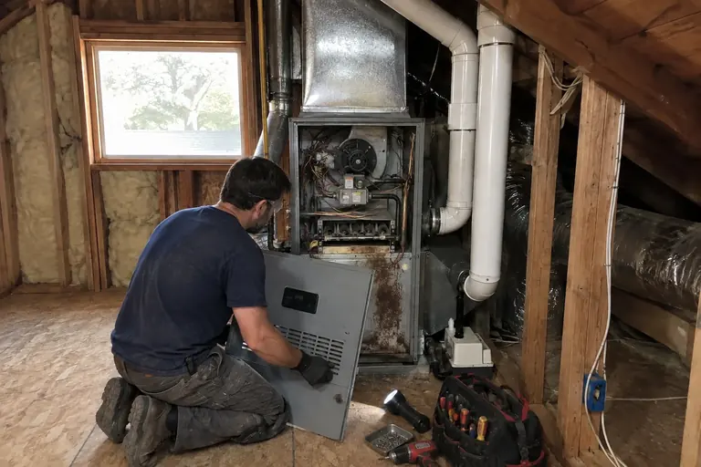 Attic furnace repair, in progress: Removing the front panel to diagnose the furnace.
