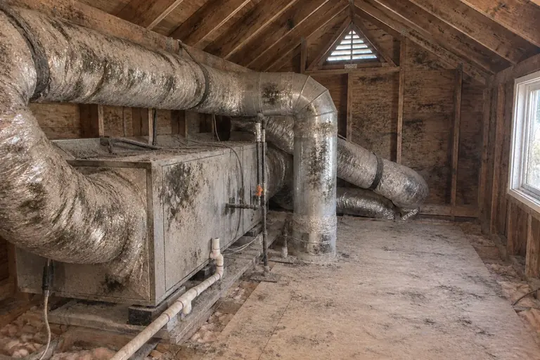 Air handler and duct cleaning, before: Air handler and ducts coated in dust and mold growth.
