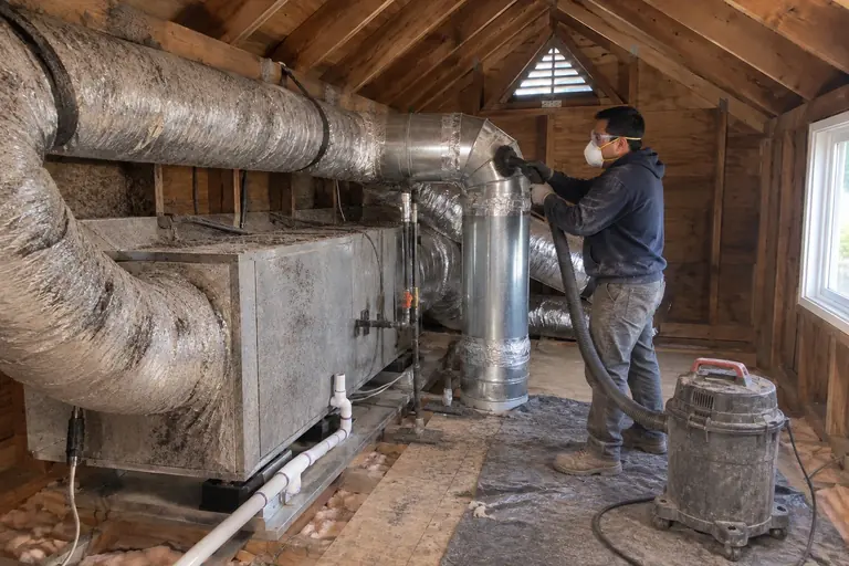 Air handler and duct cleaning, in progress: Cleaning the ducts and air handler with vacuum and brushes.