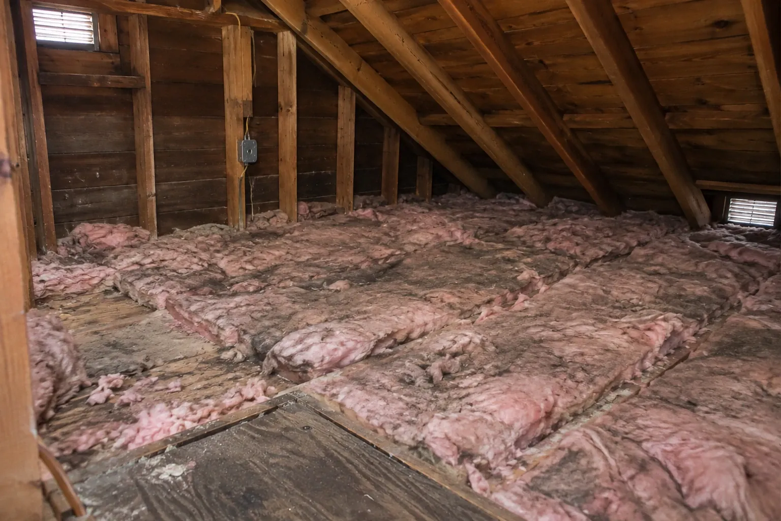 Before: Thin, dirty batts that no longer cover the joists.
