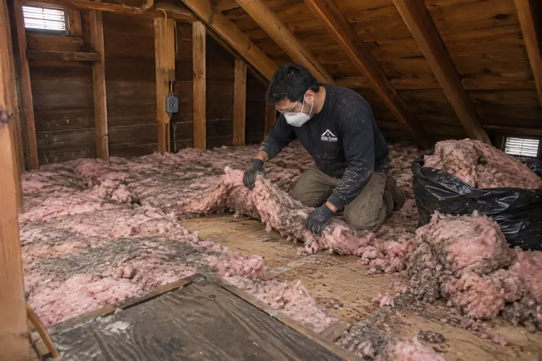 Pink batts replaced with blown-in insulation, in progress: Removing the compressed insulation.
