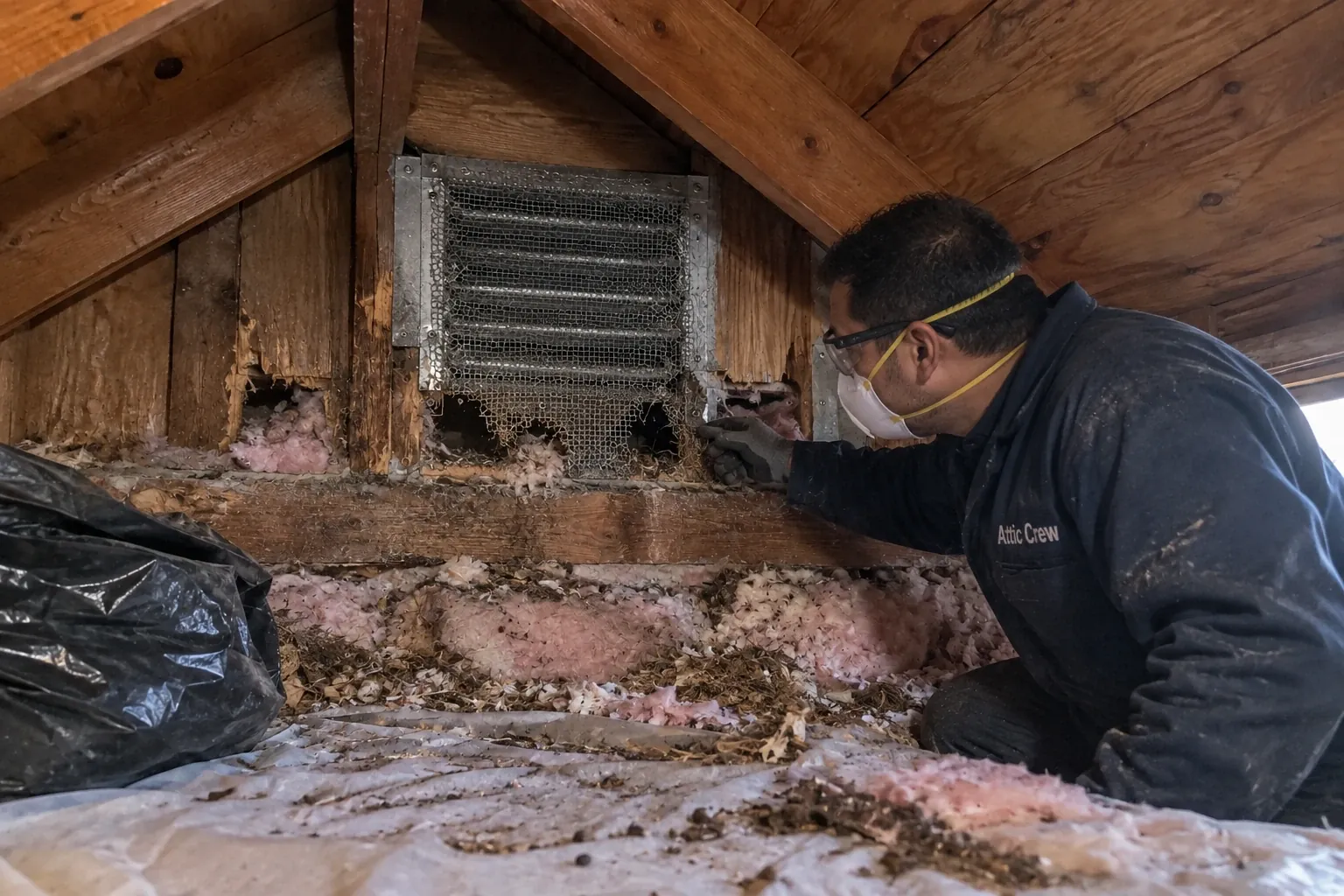 Before: A gable vent with a torn screen, chewed gaps and soiled insulation below.