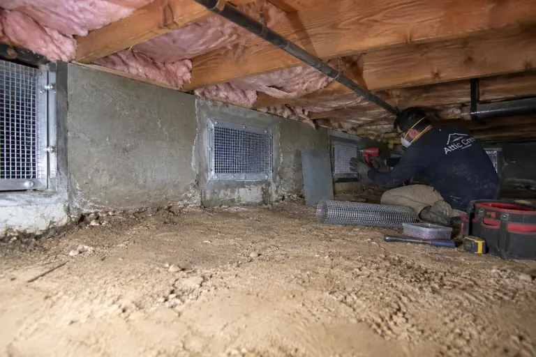 Crawl space rodent proofing, in progress: Re-screening the vents with steel mesh and closing gaps with sheet metal.