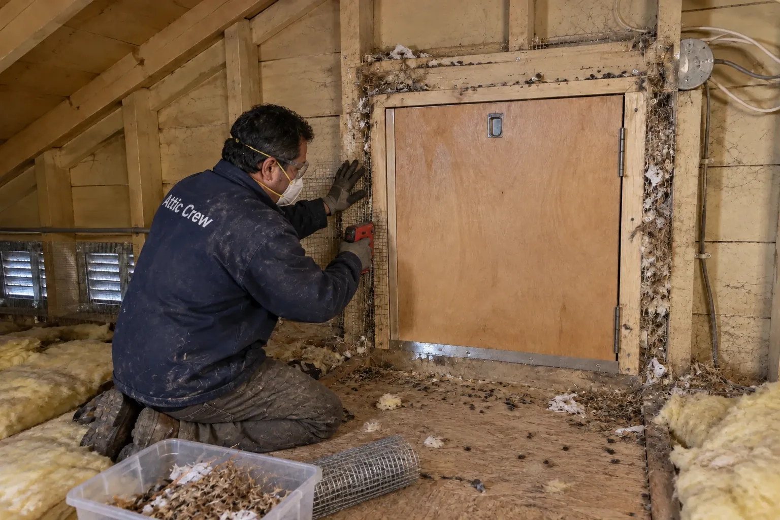 Before: Rodent gaps around an attic access hatch, with droppings and nesting debris.