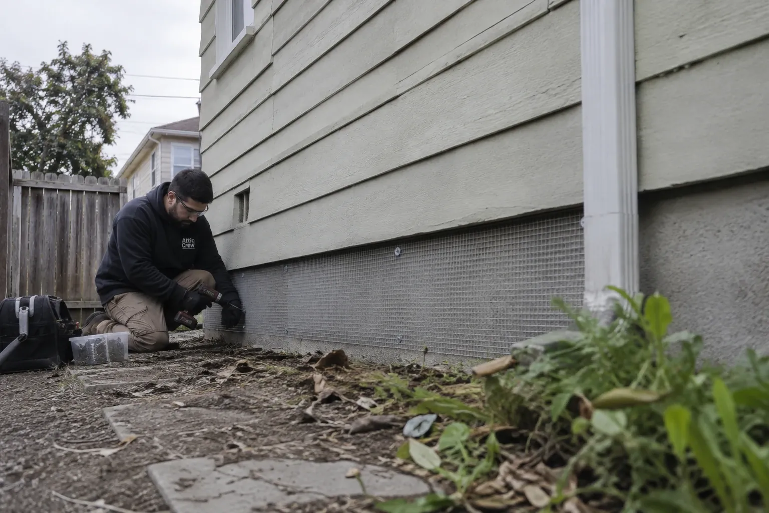 Sealing a foundation vent along the side of a home.
