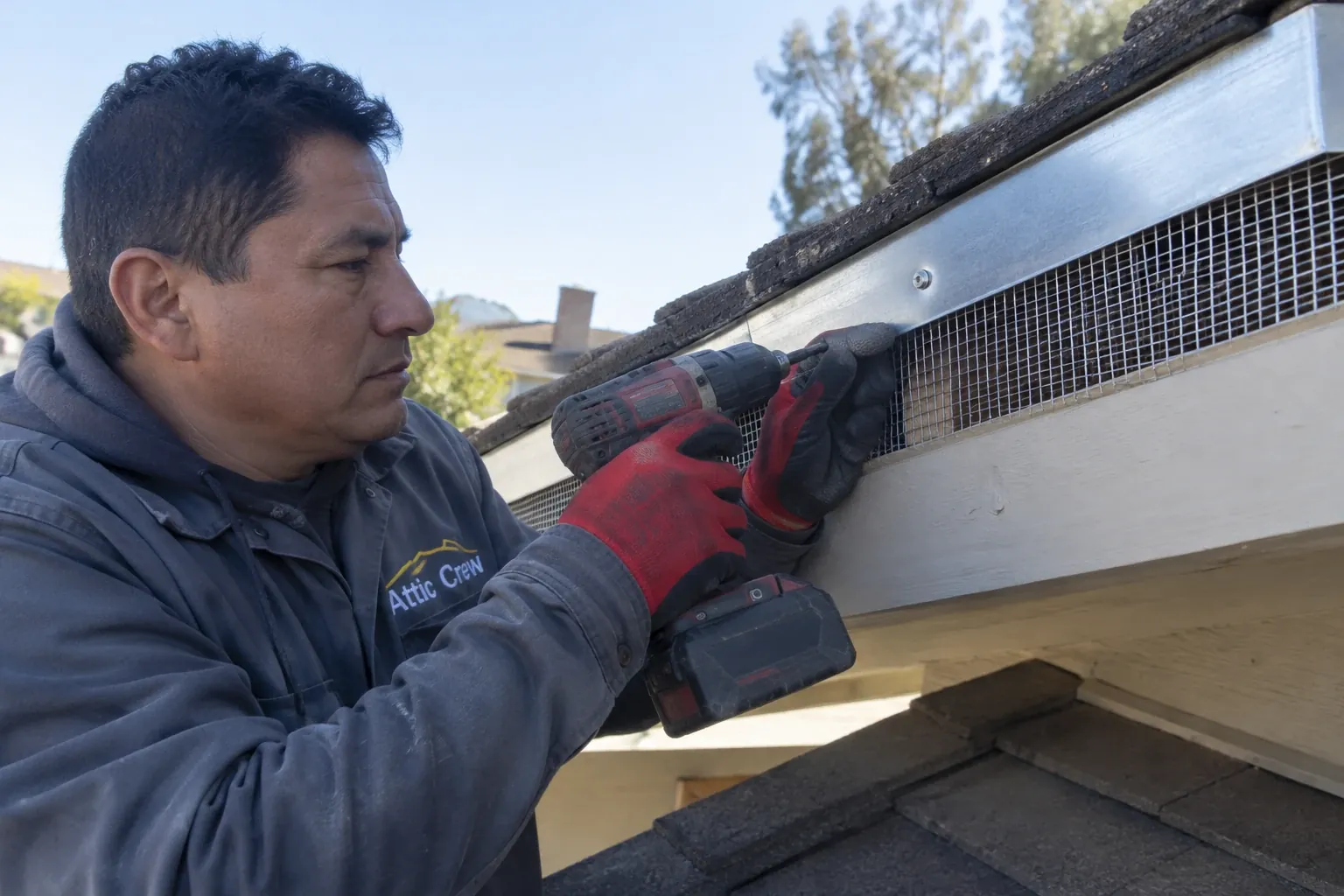 Fastening galvanized steel mesh along an eave vent.
